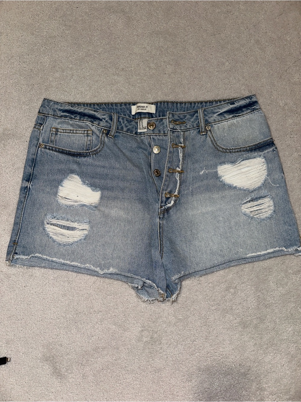 Distressed High-Rise Denim Shorts - Light Blue